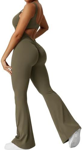 Women Workout Flare Jumpsuits Sexy Backless Gym Bodyc