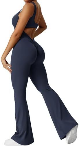 Women Workout Flare Jumpsuits Sexy Backless Gym Bodyc