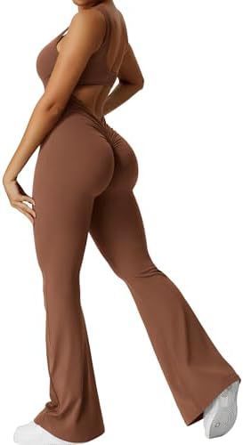 Women Workout Flare Jumpsuits Sexy Backless Gym Bodyc