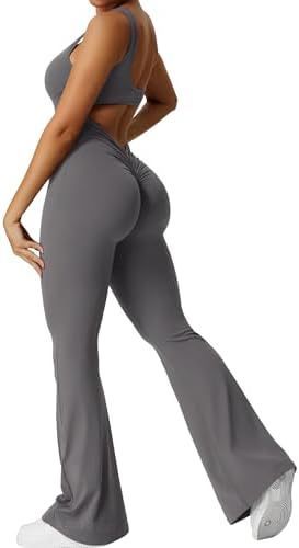 Women Workout Flare Jumpsuits Sexy Backless Gym Bodyc