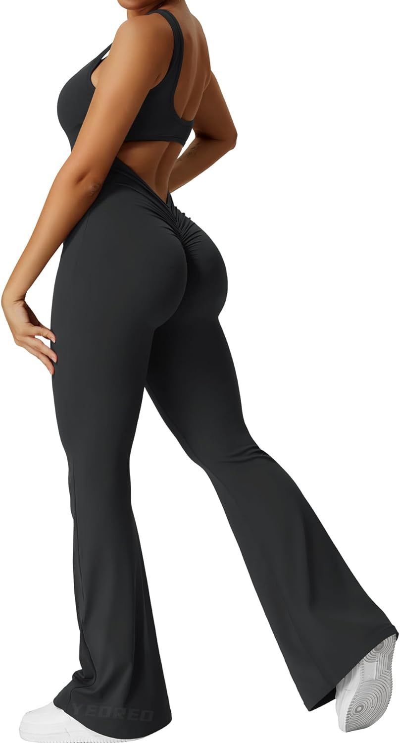 Women Workout Flare Jumpsuits Sexy Backless Gym Bodyc