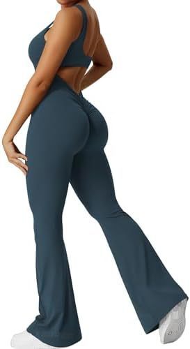 Women Workout Flare Jumpsuits Sexy Backless Gym Bodyc
