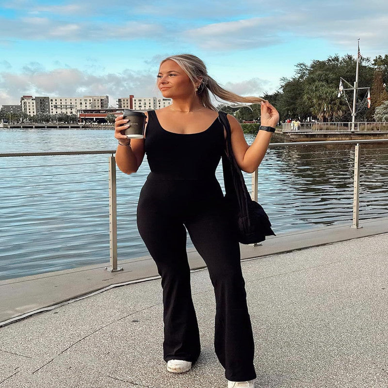 Women Workout Flare Jumpsuits Sexy Backless Gym Bodyc